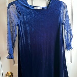 Girls size 10 Blue Velvet Dress with Sheer Sleeves